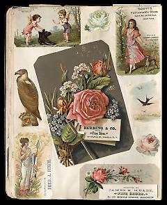 Full view of scrapbook page. Includes 3 tradecards of Brooklyn businesses: Harding & Co., Fred J. Finch, James M. Meade.