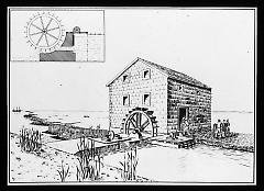 Views: Brooklyn, Long Island, Staten Island. Brooklyn scenes; buildings. View 044: Drawing  of Tide Mill, 1656. Gerritsen's Creek, Marine Park, Brooklyn Museum School Set.