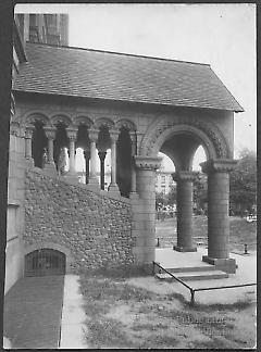 [Side view of portico of Pratt Institute Library]