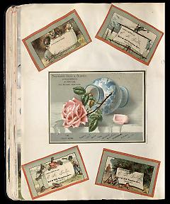 Full view of scrapbook page. Includes 4 tradecards of Brooklyn business: E. K. Fuller.