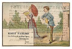 Tradecard. Misfit Parlors. Cor Fulton & Elm Streets. Brooklyn, NY. Recto.