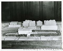 [Architectural model of proposed changes to Brooklyn Civic Center, seen from side]