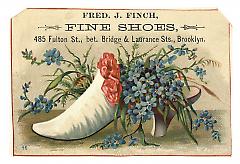 Tradecard. Fred J. Finch. Fine Shoes. 485 Fulton Street. Brooklyn, NY. Recto.
