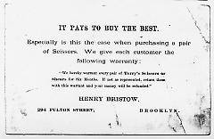 Tradecard. Henry Bristow. 296 Fulton St. Brooklyn, NY. Recto.