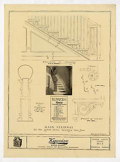 Kyanize enamel advertisement featuring a photograph of the main stairway  and measured drawings of the Lefferts House. Drawings by Edgar and Verna Cook Salomonsky.