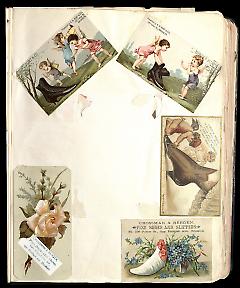 Full view of scrapbook page. Includes 5 tradecards for Brooklyn businesses: Edwin C. Burt & Co., James M. Meade, Crossman & Bergen.