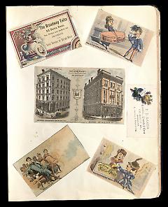 Full view of scrapbook page. Includes 5 tradecards of Brooklyn businesses: The Broadway Tailor, Nicoll the Tailor, Max Stadler & Co., E. D. Baker.