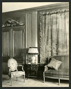 Weil-Worgelt apartment; upholstered chair, settee, and tapestry in French eighteenth-century revival style.
