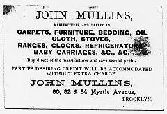 Tradecard. John Mullins. 80, 82, & 84 Myrtle Ave. Brooklyn, NY. Verso.