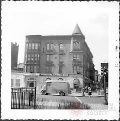 [Prudential Savings Bank on southwest corner of Clinton Avenue (Clinton Avenue side facing camera) and Myrtle Avenue (at far right).]