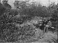 [Two men sitting on bench in garden at Brooklyn College]