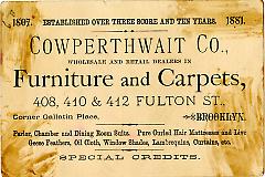 Trade Card. B.M. Cowperthwait and Company. 408, 410 and 412 Fulton Street. Brooklyn. Verso.