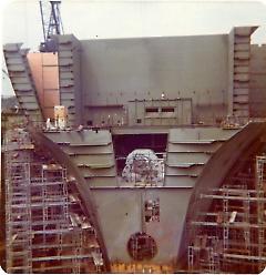 [T.T. Williamsburgh in dry dock #6, looking toward engine room section]