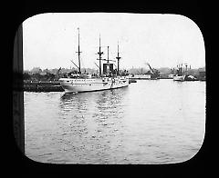 Views: U.S. Columbian Celebration: Oct. 1892. View 012: USS Chicago at Cob dock, Brooklyn Navy Yard.