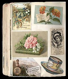 Full view of scrapbook page. Includes 3 tradecards of Brooklyn businesses: Samuel A. Byers, Frederick William Lade, A. Cohen.