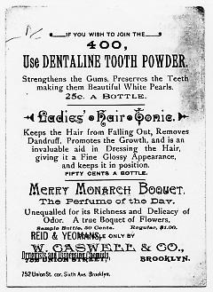 Tradecard. Reid & Yeomans, Druggists and Dispensing Chemists. 752 Union St. Brooklyn, NY. Verso.
