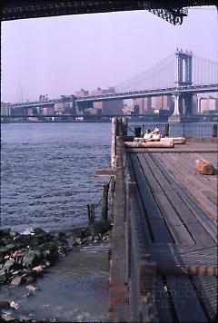 [pier at Fulton Ferry Landing with view of Manhattan Bridge]
