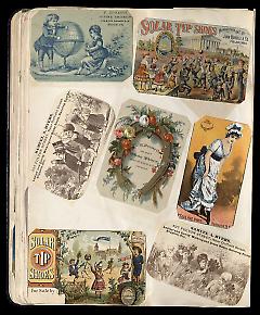 Full view of scrapbook page. Includes 4 tradecards for Brooklyn businesses: Samuel A. Byers, F. Edwards Fine Shoes.