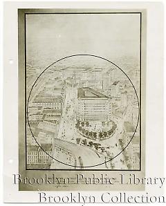 View from Brooklyn Bridge toward Borough Hall showing proposed new Court House in the distance