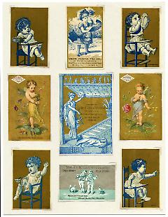 Set of 9 tradecards mounted on cardstock. Recto.