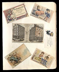 Full view of scrapbook page. Includes 5 tradecards of Brooklyn businesses: The Broadway Tailor, Nicoll the Tailor, Max Stadler & Co., E. D. Baker.