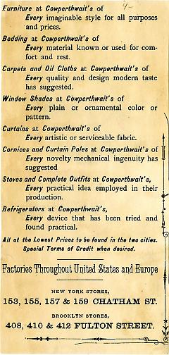 Trade Card. B.M. Cowperthwait and Company. 408, 410 and 412 Fulton Street. Brooklyn. Verso.